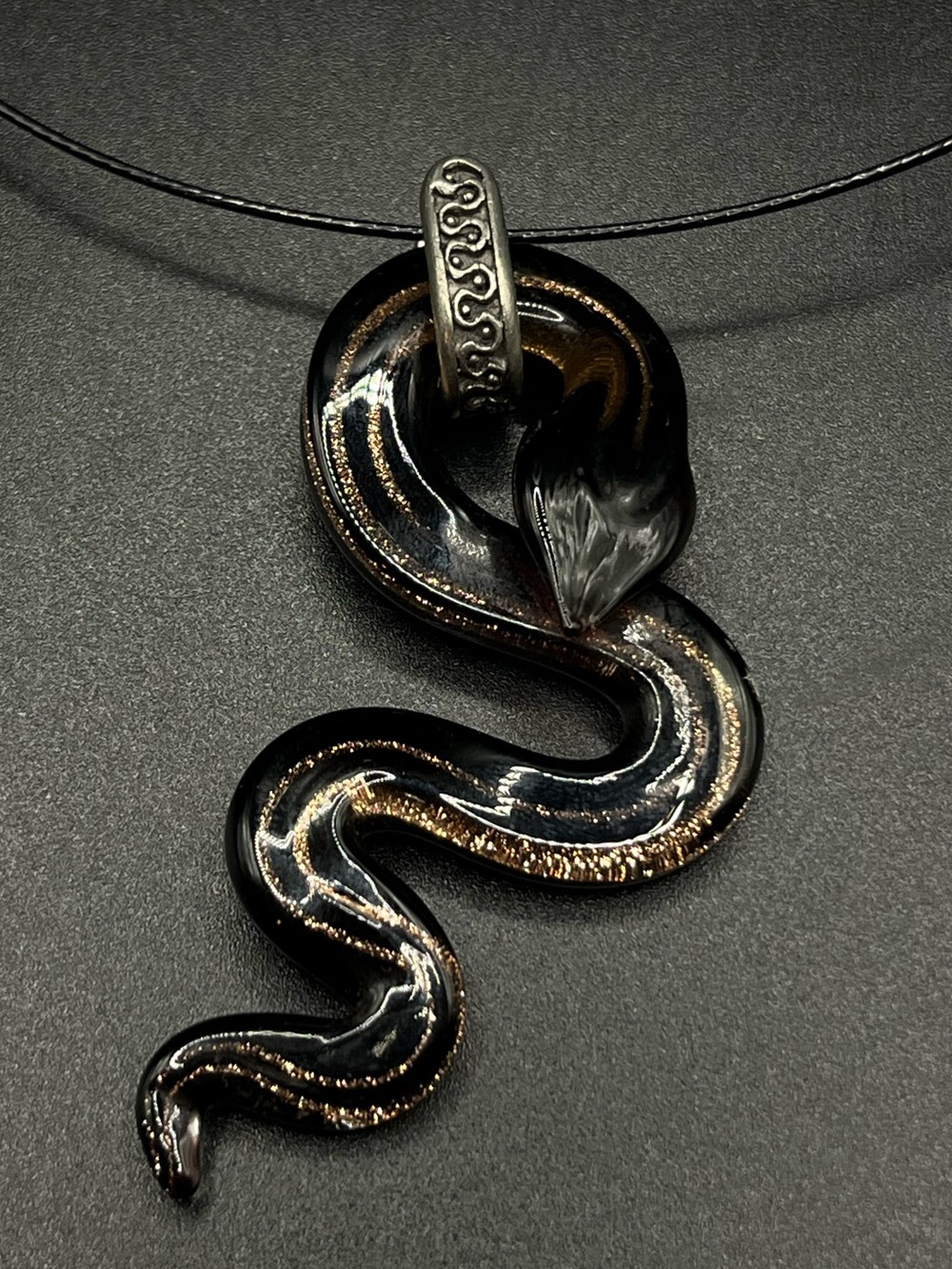 Artisan Glass Snake Pendant Necklace in Black & Metallic Gold